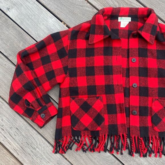 90s Vtg Plaid Wool Fringe Lumberjack Jacket XS Small Women Red Black Sportables - Picture 2 of 4
